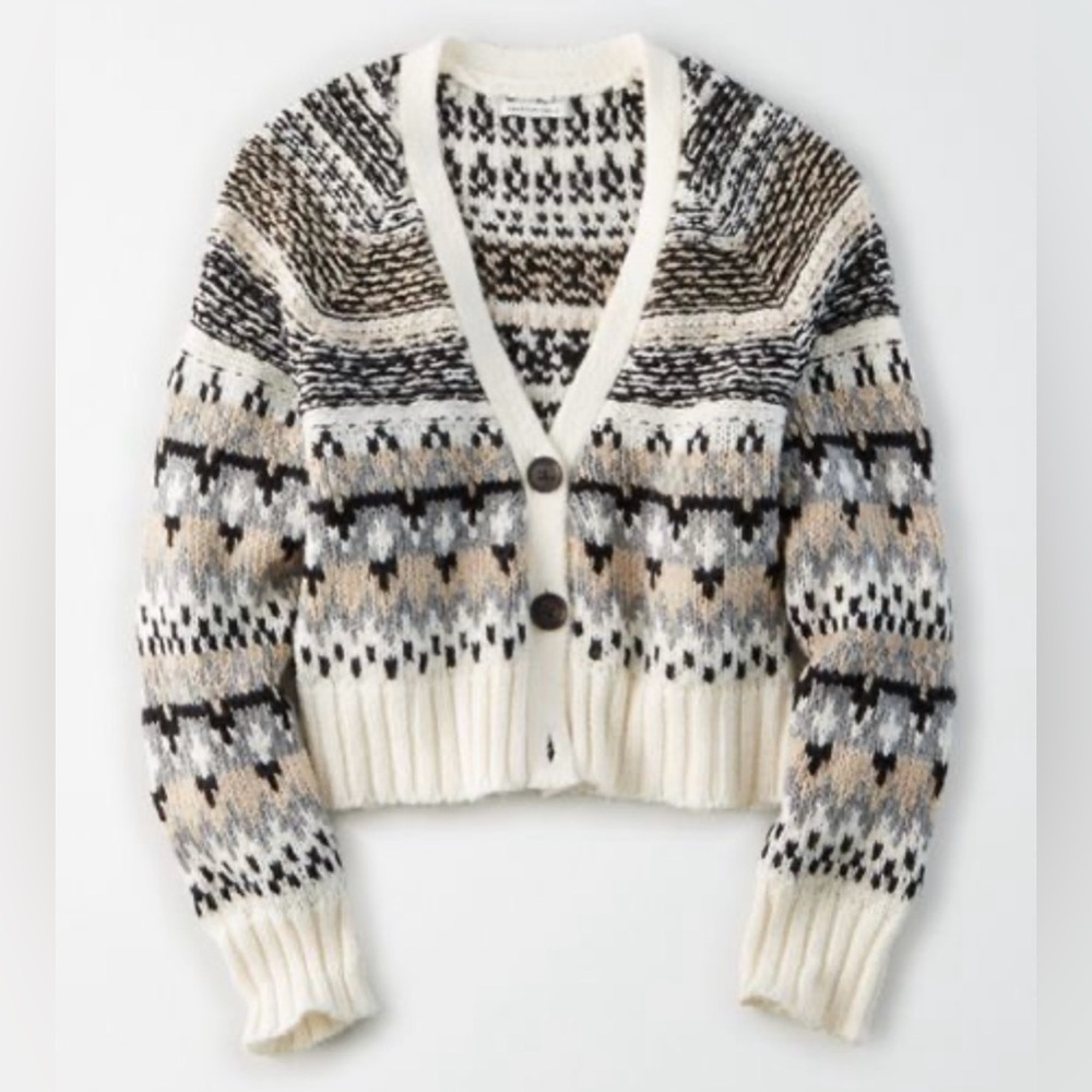 Fair Isle V-neck Cardigan - Cream, Black, Gray, Tan